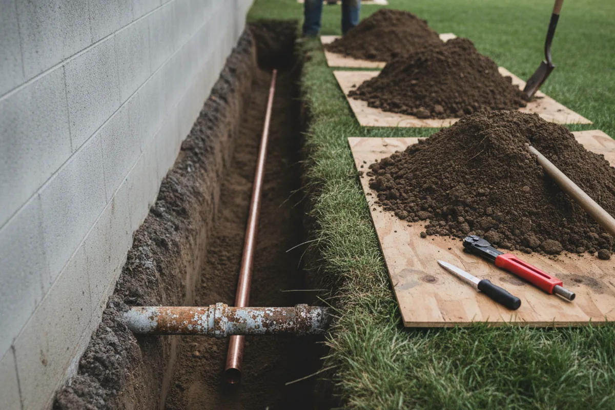 Excavated water line trench during Sewer Line Repair in Crest Hill